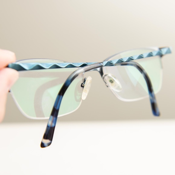 Chelsea Morgan Blue Cat Eye Semi Rimless Eyeglass Frames Textured Geometric Chic - Picture 3 of 7